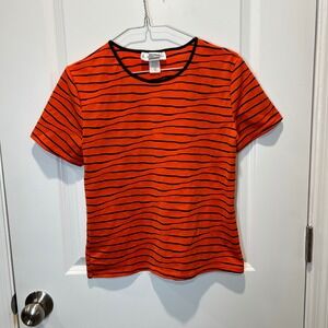 Vintage 90s Orange Black Striped Knit Top Small Made USA Y2K Minimalist Tee